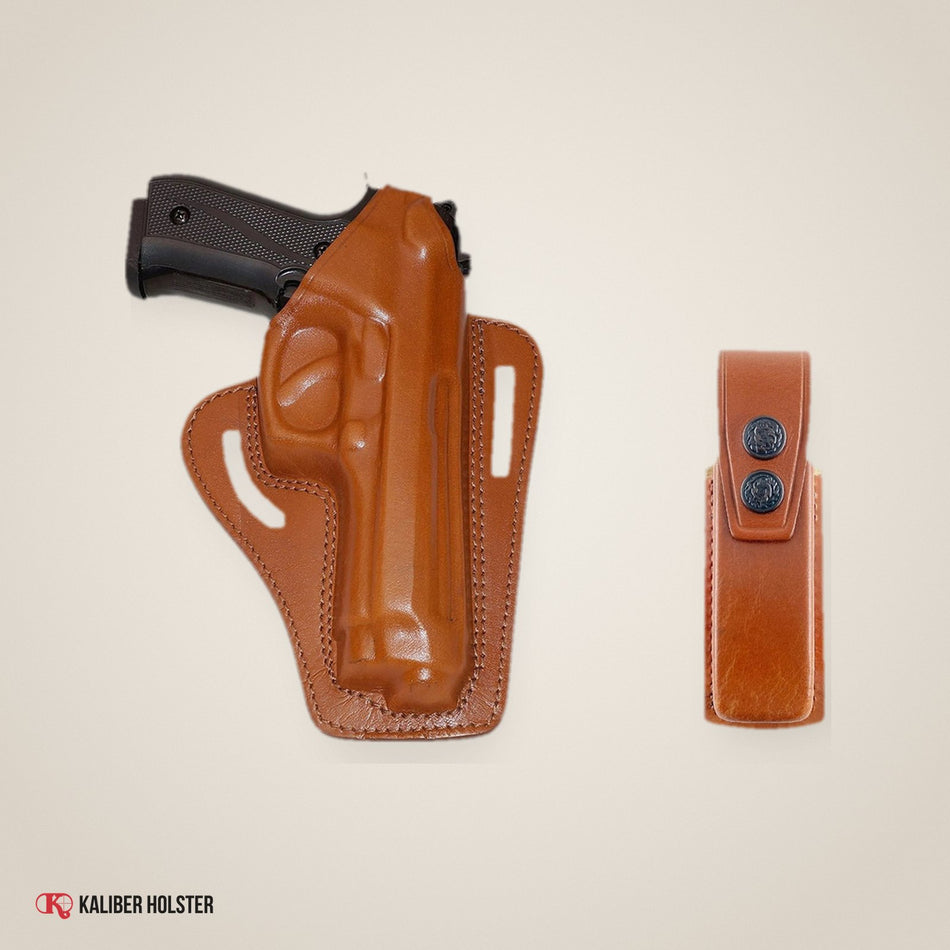 Pancake Leather Holster with Single Magazine Pouch for Beretta 92 92F 96 & Taurus 92 99 (ALIS30305) - handmade leather, Kaliber Holster