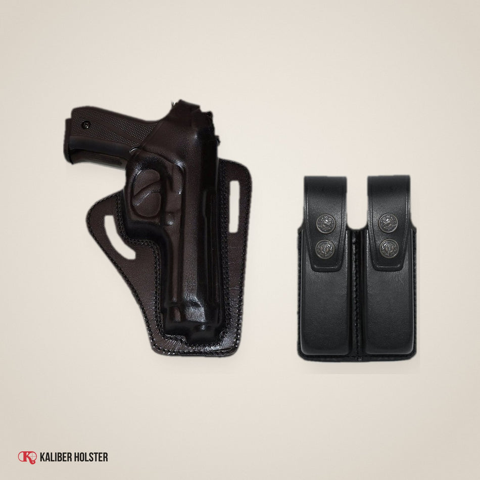 Pancake Leather Holster with Double Magazine Pouch for Beretta 92 92F 96 & Taurus 92 99 (ALIS30306) - handmade leather, Kaliber Holster