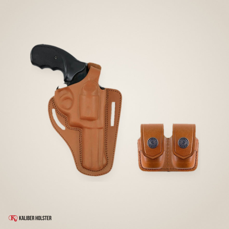 Pancake Leather Holster Thumb Break with Double Speedloader Case, fits 357 Magnum 4" (ALIS30538) - handmade leather, Kaliber Holster