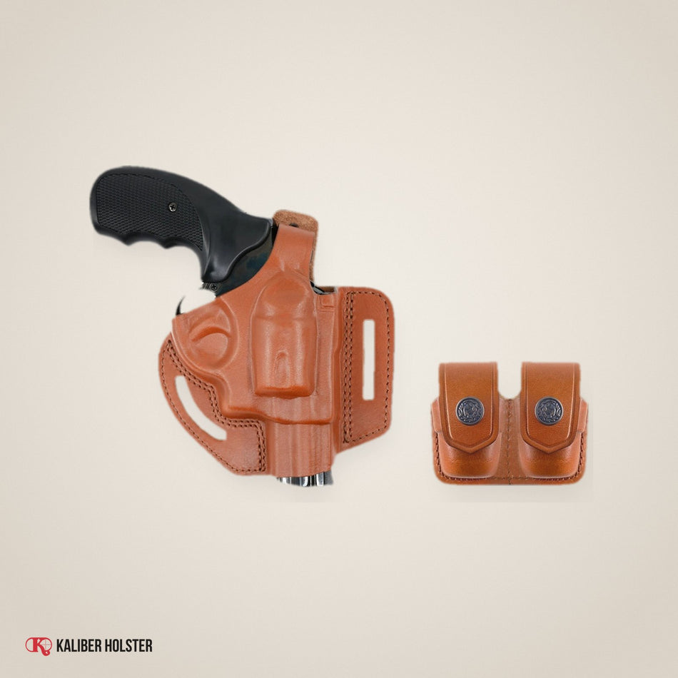 Pancake Leather Holster Thumb Break & Double Speedloader Case Fits 357 Magnum (ALIS30638) - handmade leather, Kaliber Holster