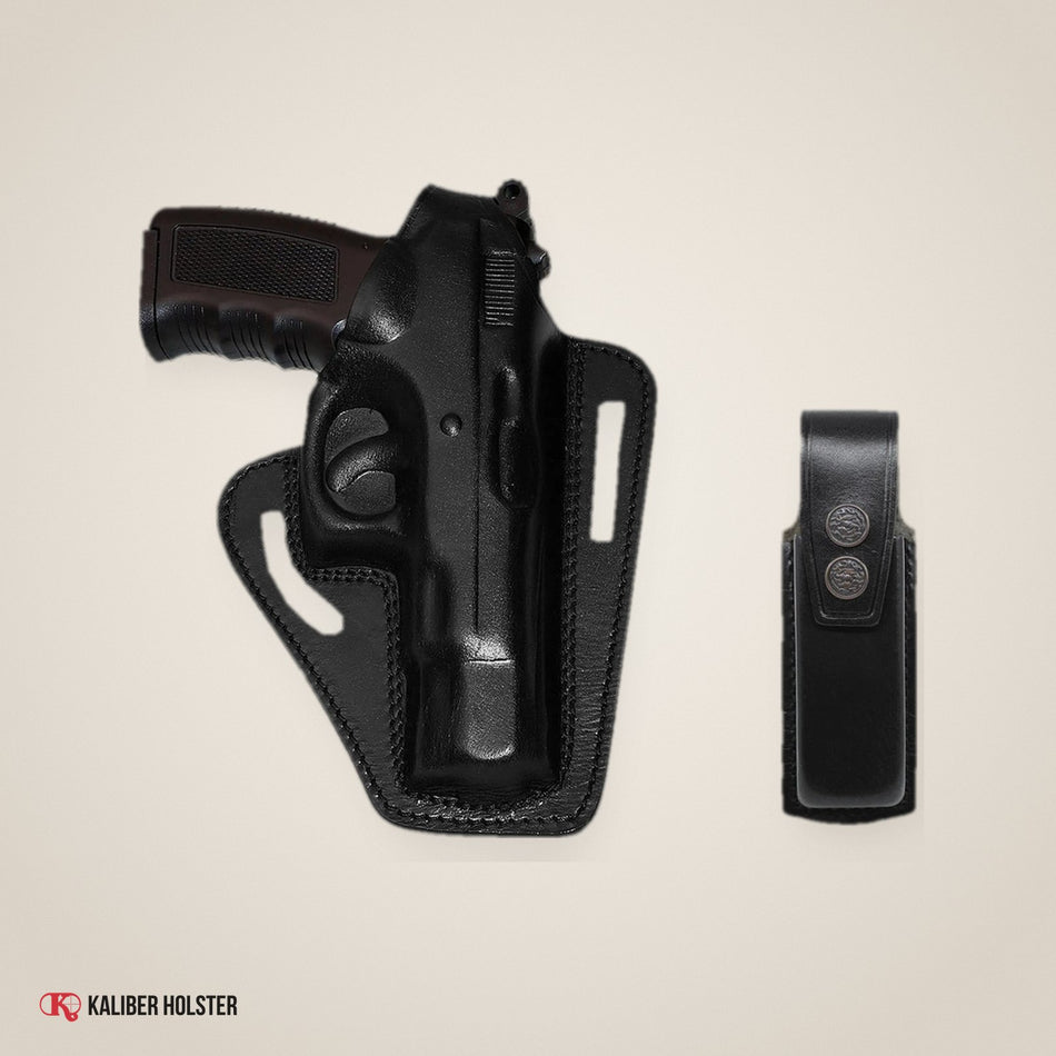 Pancake Leather Holster Thumb Break & Single Magazine Pouch Fits CZ 75 (K31105) - handmade leather, Kaliber Holster