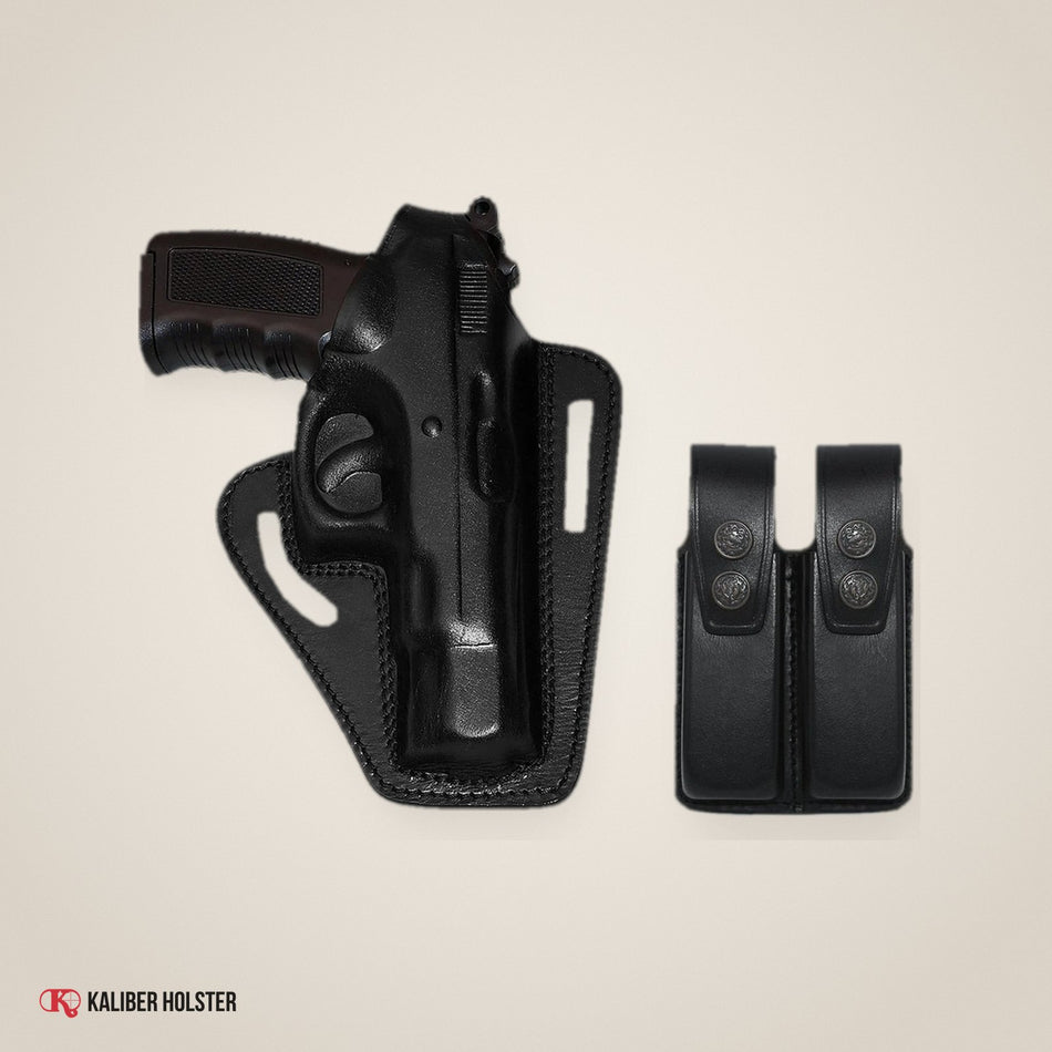 Pancake Leather Holster Thumb Break & Double Magazine Pouch Fits CZ 75 (ALIS31106) - handmade leather, Kaliber Holster