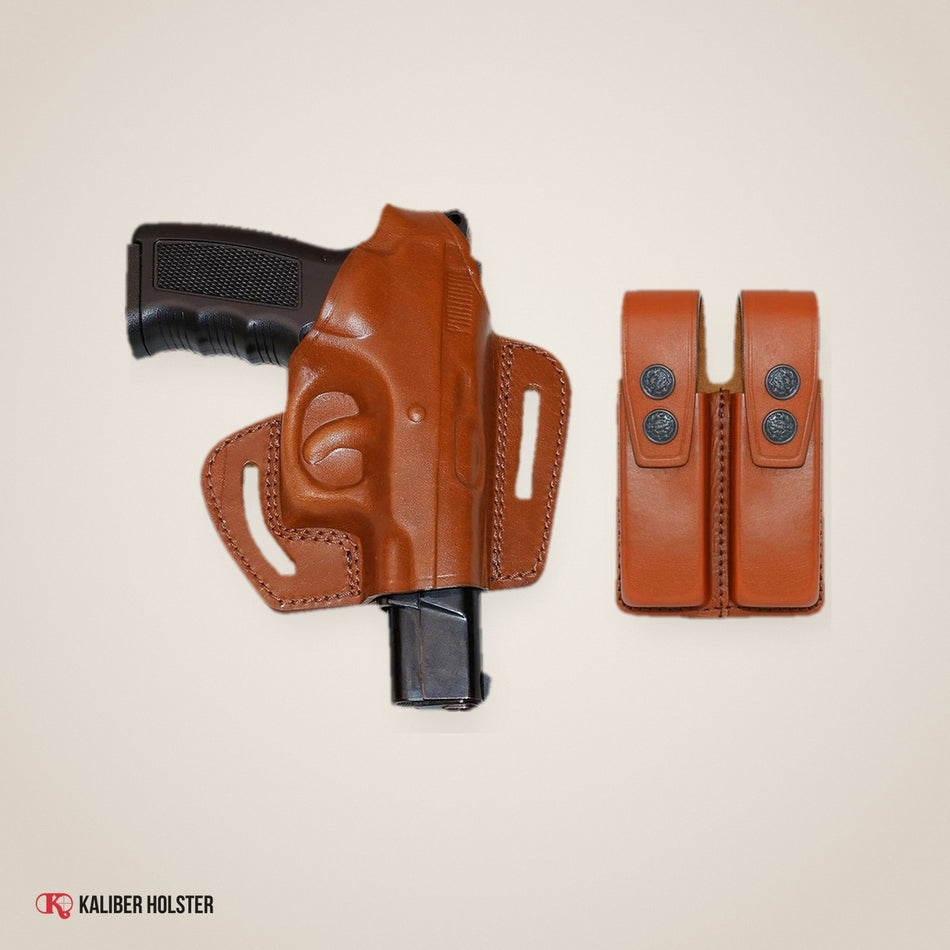 Pancake Leather Holster Thumb Break & Double Magazine Pouch Fits CZ 75 (K31206) - handmade leather, Kaliber Holster