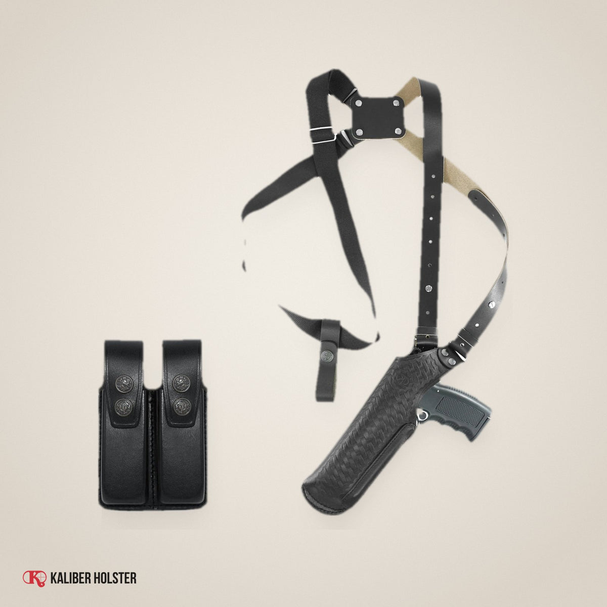 Basketweave Vertical Shoulder Holster with Double Magazine Pouch for Beretta CZ 75 Browning HP Sig (ALIS40006) - handmade leather, Kaliber Holster