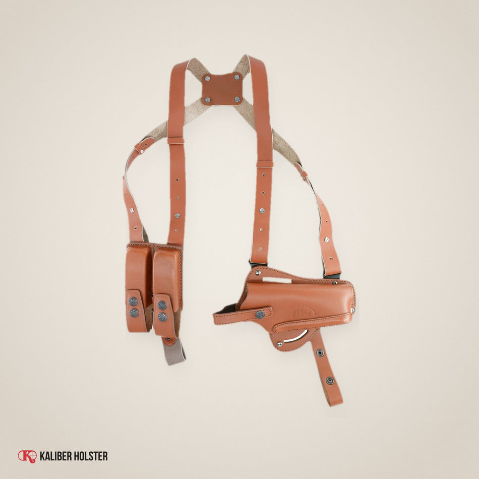Vertical-Horizontal Shoulder & Belt Holster with Double Mag Pouch for Beretta CZ 75 Browning HP Sig (K446) - handmade leather, Kaliber Holster