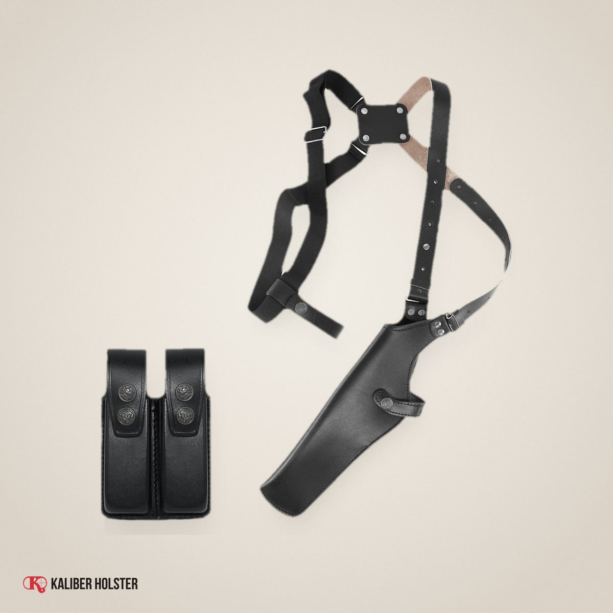 Vertical Shoulder Holster with Double Magazine Pouch for Beretta CZ 75 Browning HP Sig P226 (K45206) - handmade leather, Kaliber Holster