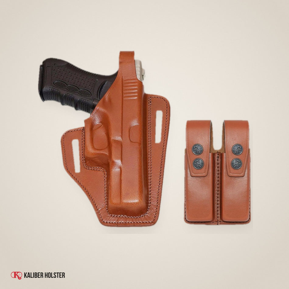 Pancake Leather Holster Thumb Break & Double Magazine Pouch for Glock 17 Glock 22 (ALIS337092) - handmade leather, Kaliber Holster
