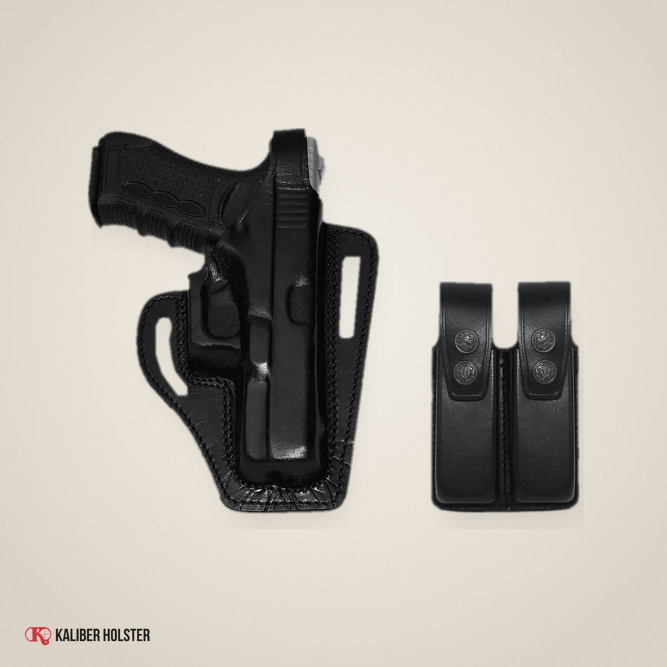 Pancake Leather Holster Thumb Break & Double Magazine Pouch for Glock 19 Glock 23 (ALIS339092) - handmade leather, Kaliber Holster