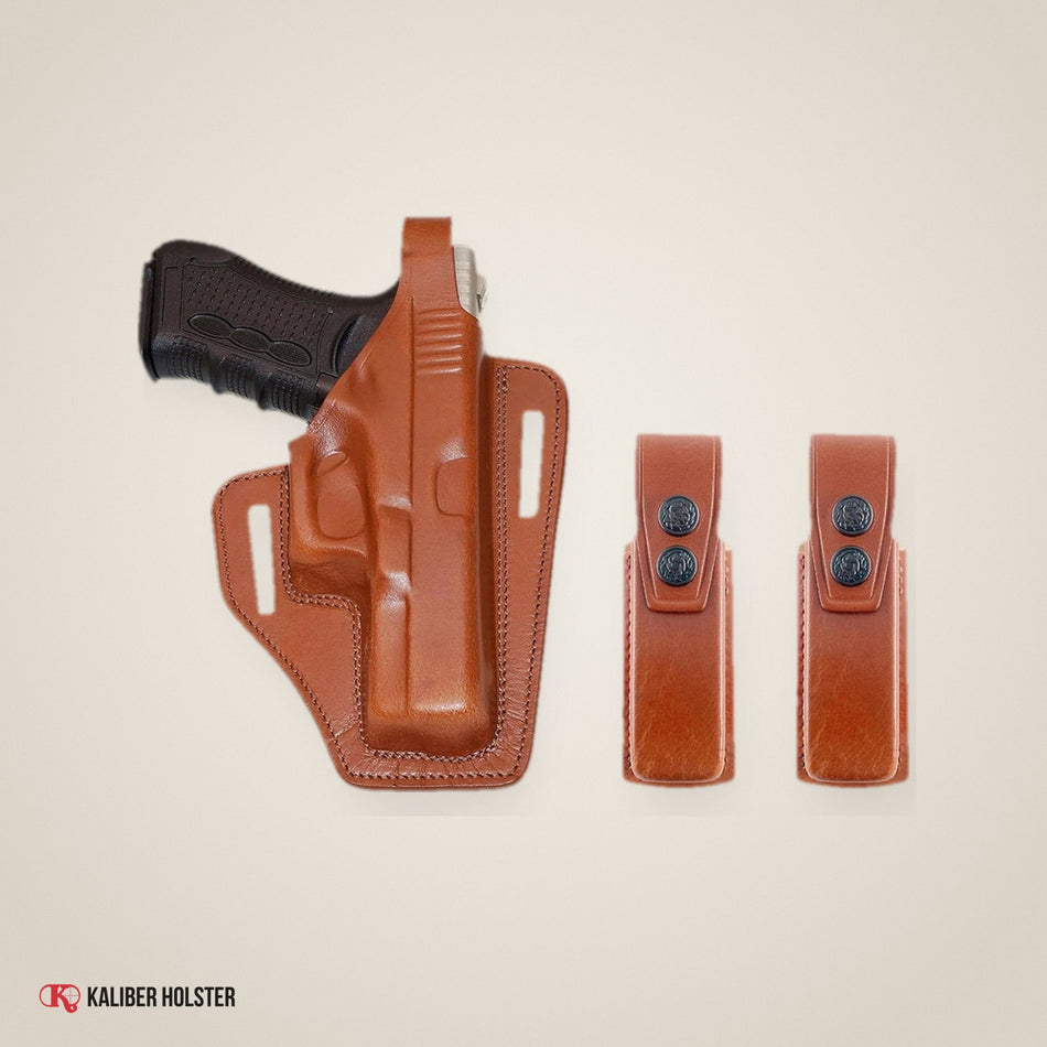 Pancake Leather Holster with Two Single Magazine Pouches for Glock 19 23 (ALIS3392090) - handmade leather, Kaliber Holster