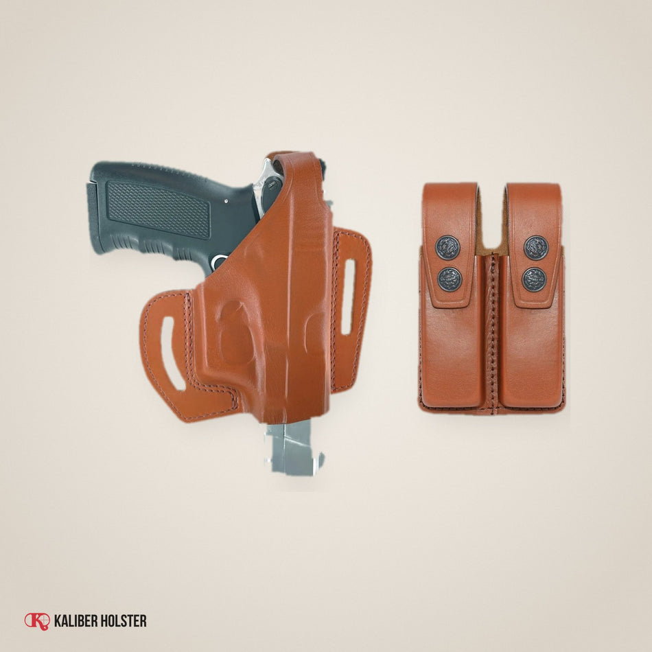 Kaliber Holster studio photo: Pancake Leather Holster Thumb Break & Double Magazine Pouch for Glock 17 19 22 23 (ALS34092)