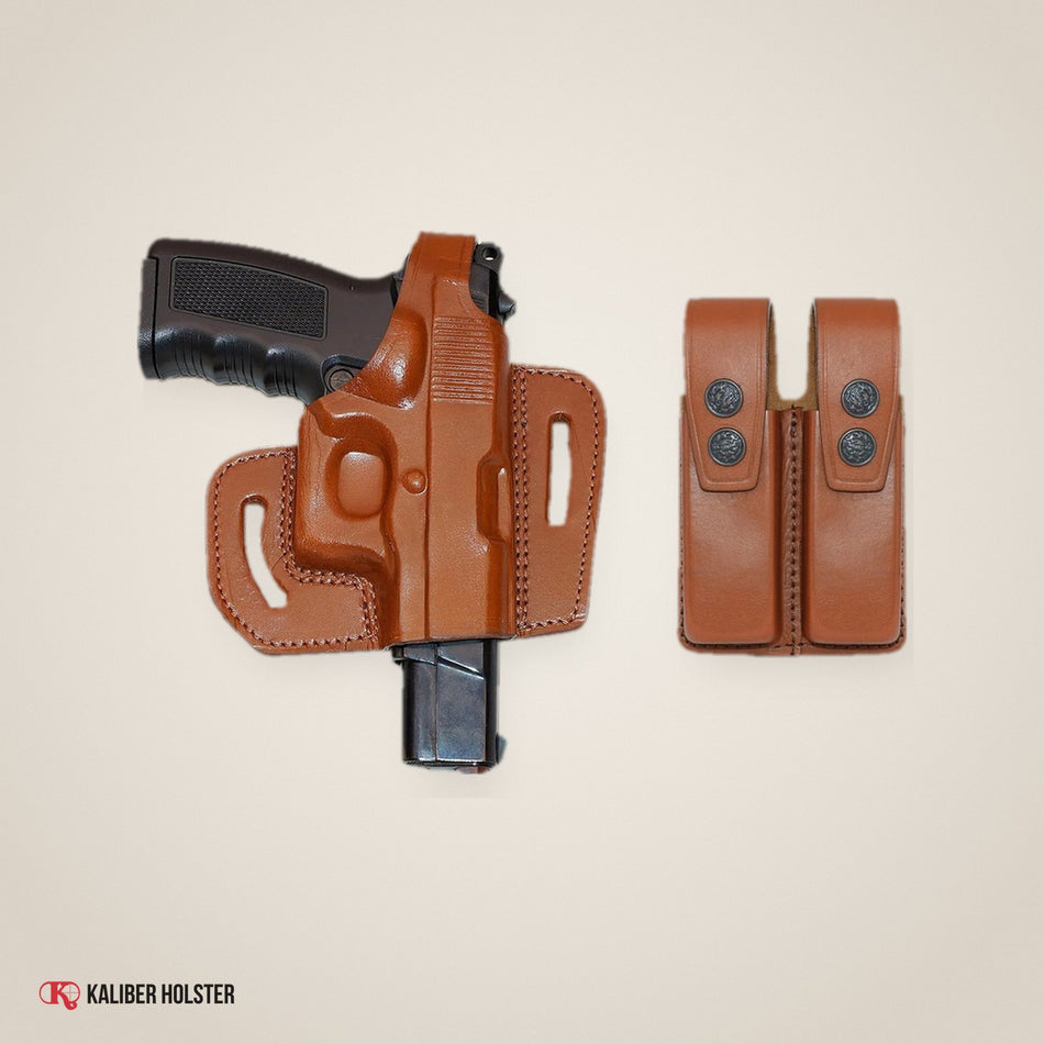 Pancake Leather Holster Thumb Break & Double Magazine Pouch for All 1911 Models (ALIS344303) - handmade leather, Kaliber Holster