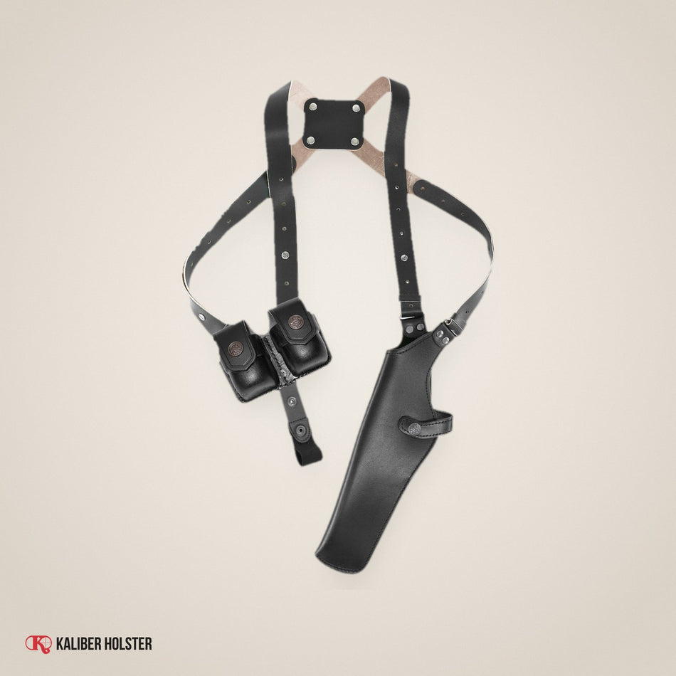 Kaliber Holster studio photo: Vertical Shoulder Holster with Double Speedloader Pouch, fits 357 Magnum 6" Revolvers (ALS455)