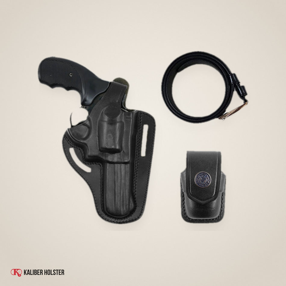 Pancake OWB Leather Holster with Single Speedloader Case & Belt, fits 357 Magnum (ALISB30537) - handmade leather, Kaliber Holster