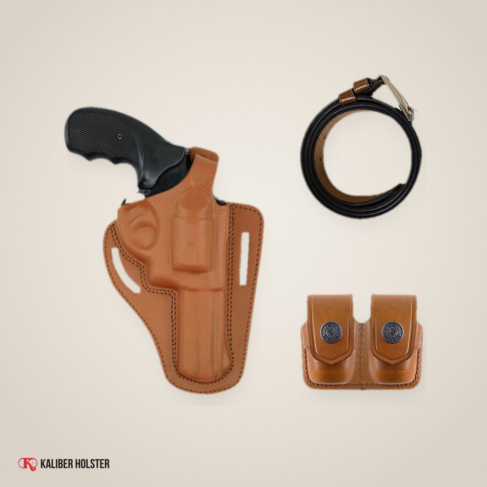 Pancake OWB Leather Holster with Double Speedloader Case & Belt, fits 357 Magnum (ALISB30538) - handmade leather, Kaliber Holster
