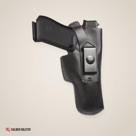 Kaliber Holster studio photo: Glock 19 IWB Leather Holster with Belt Clip, fits Glock 17 20 21 31 45 (K150)