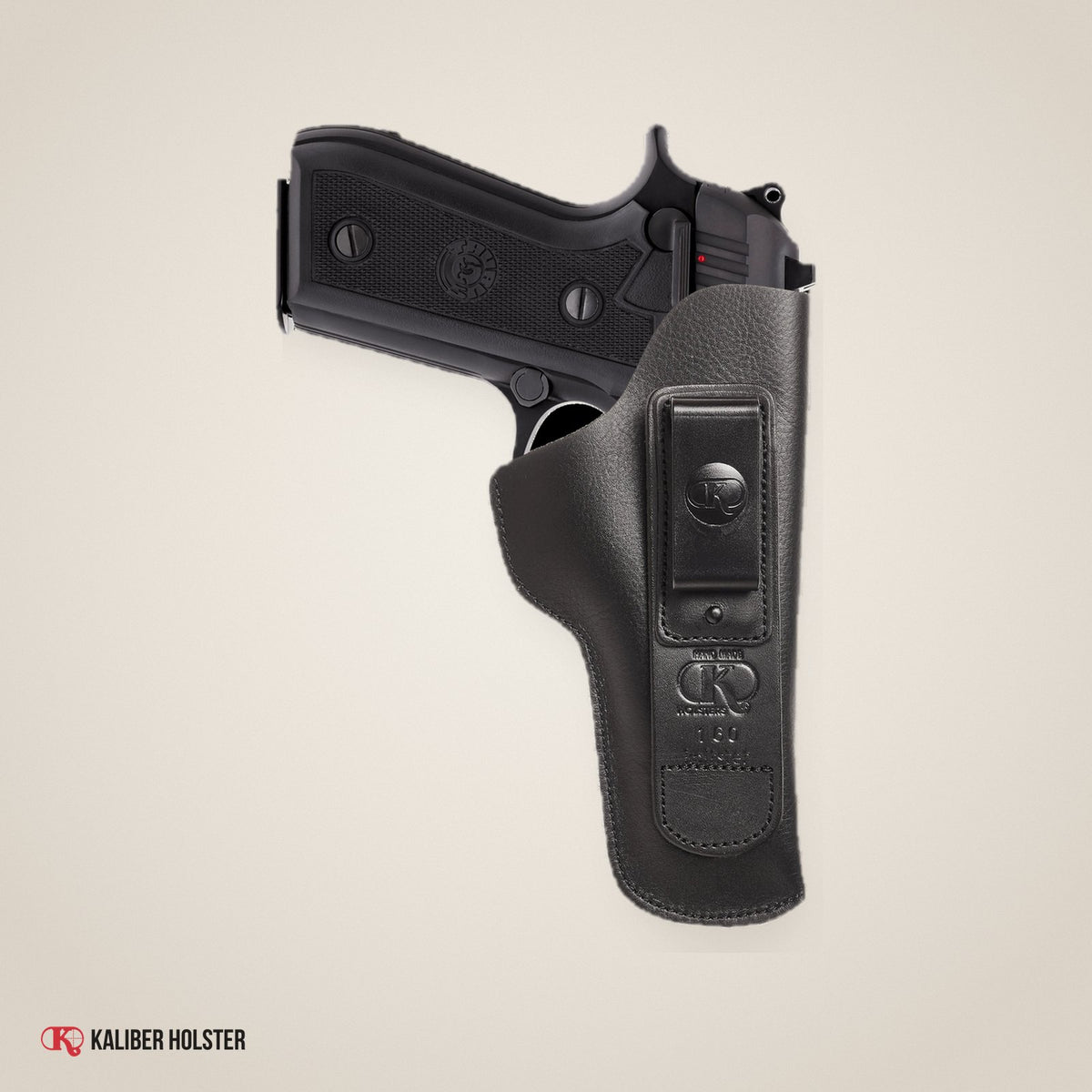 Kaliber Holster studio photo: Beretta 92F IWB Leather Holster with Belt Clip, fits 92 92S 92FS (K160)