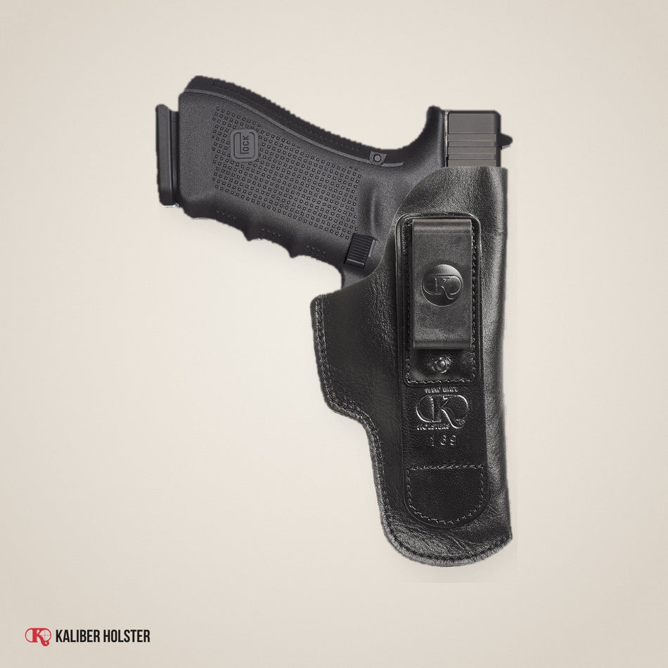 Kaliber Holster studio photo: Glock 17 IWB Leather Holster with Belt Clip, fits Glock 19 20 21 31 45 (K169)