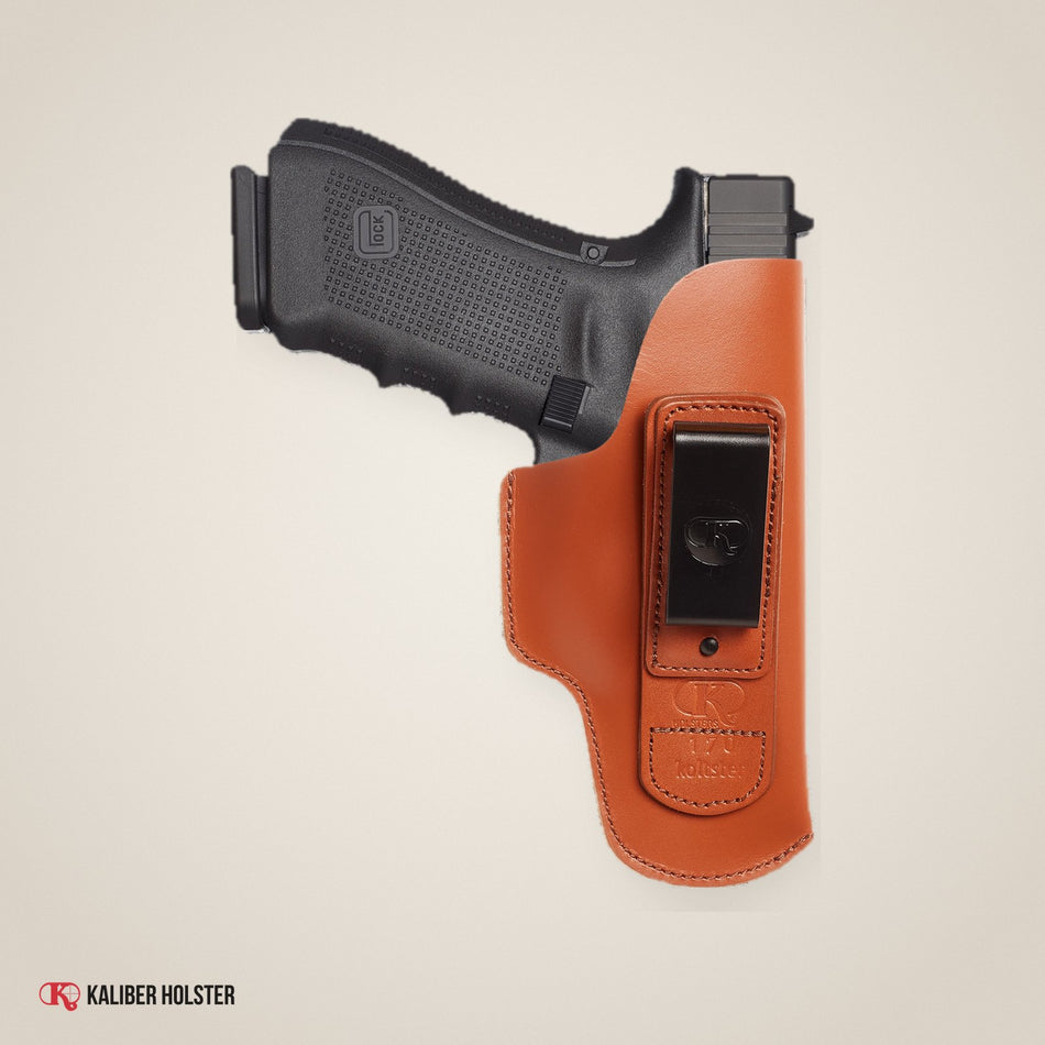 Kaliber Holster studio photo: Glock 19 IWB Leather Holster with Belt Clip, fits Glock 17 20 21 31 45 (K170)