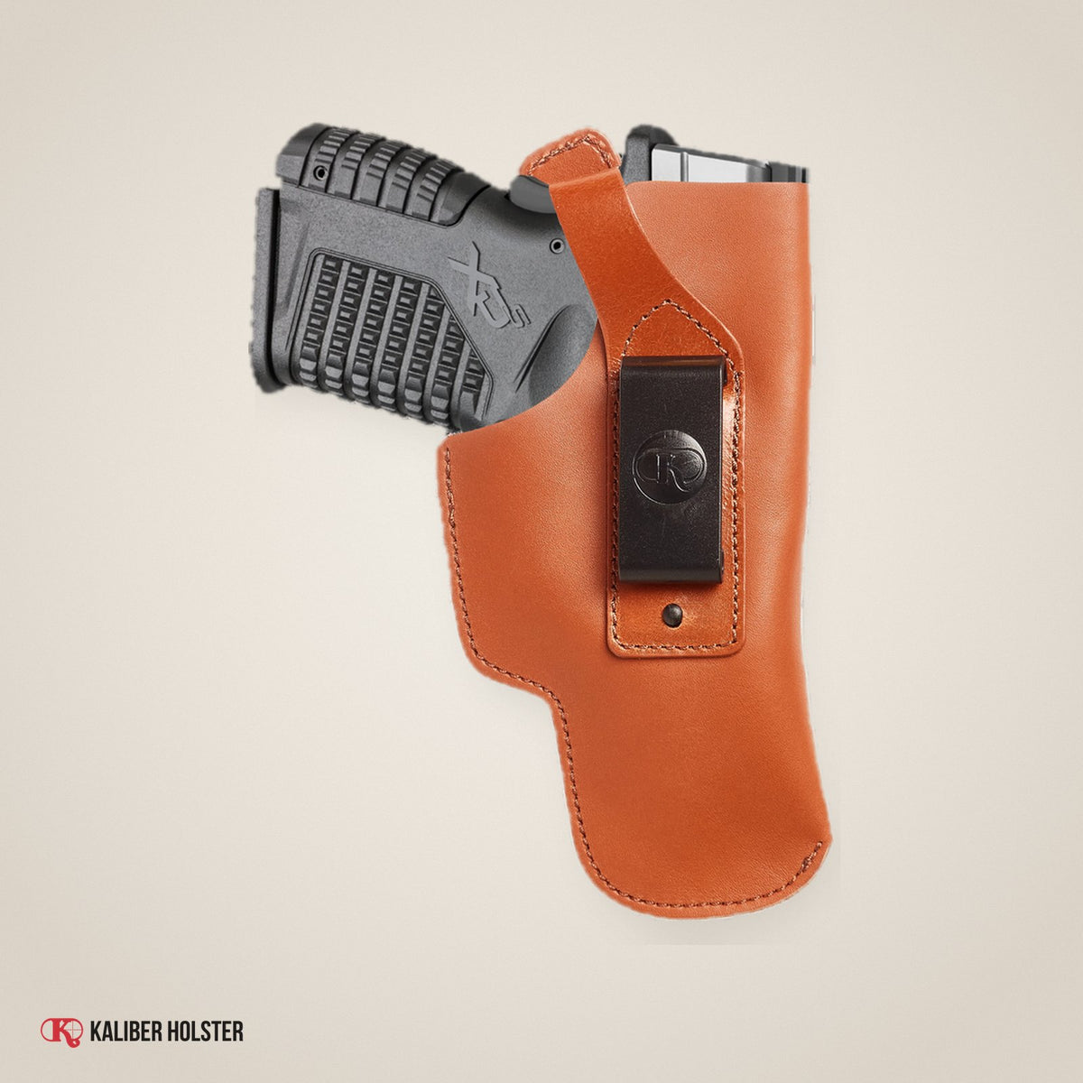 Kaliber Holster studio photo: Springfield Armory XD IWB Leather Holster with Belt Clip (K197)