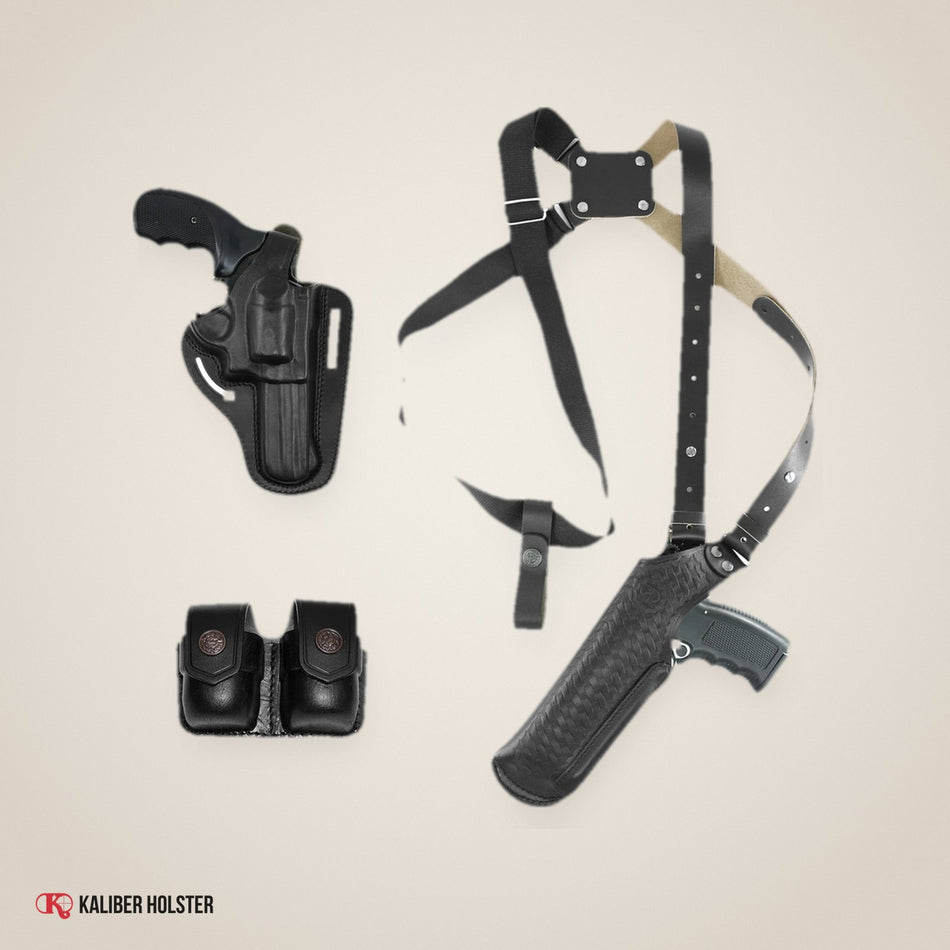 Combo Basketweave Shoulder Holster, Pancake Holster & Double Speedloader Case, 357 Magnum 4" (K40030538-357) - handmade leather, Kaliber Holster
