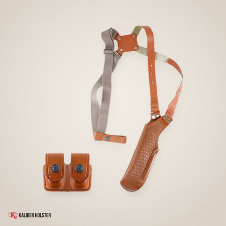 Basketweave Vertical Shoulder Holster with Double Speedloader Case, 357 Magnum Revolvers 4" (K40038-357) - handmade leather, Kaliber Holster