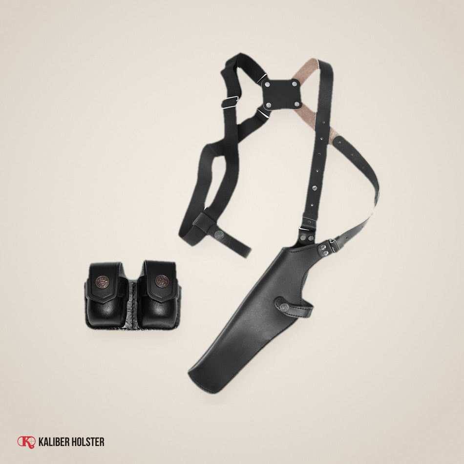 Vertical Shoulder Holster with Double Speedloader Pouch, fits 357 Magnum 4"-5" Revolvers (ALIS452038) - handmade leather, Kaliber Holster
