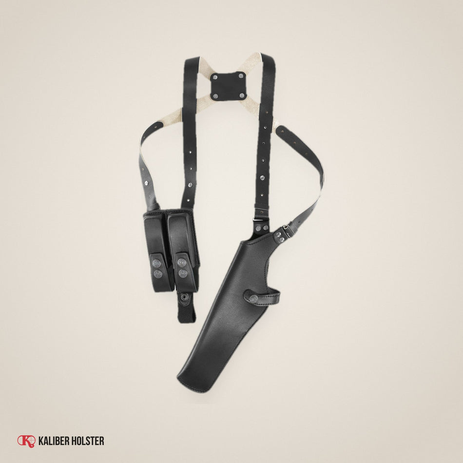 Kaliber Holster studio photo: Vertical Shoulder Holster with Double Mag Pouch Fits Glock 17 Glock 19 Glock 22 Glock 23 (K456)