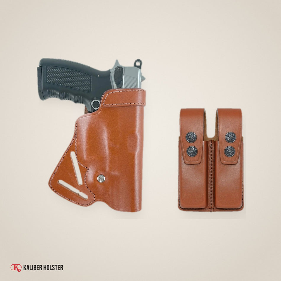 Small of Back Leather Holster RH & Double Magazine Pouch for Glock 17 Glock 22 (K467092) - handmade leather, Kaliber Holster