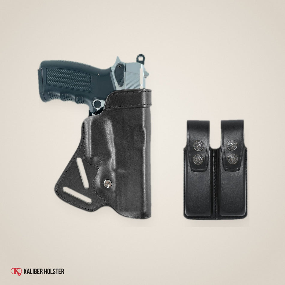 Small of Back Leather Holster RH & Double Magazine Pouch for Glock 19 Glock 23 (K47092) - handmade leather, Kaliber Holster