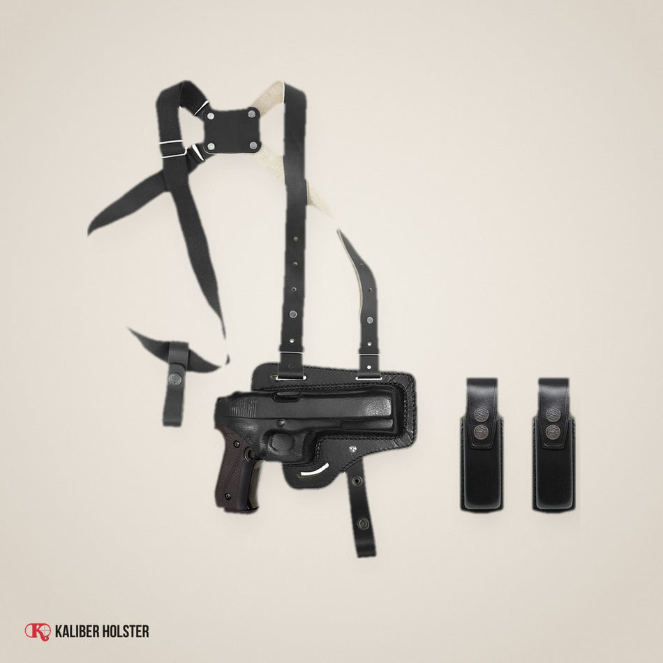 Kaliber Holster studio photo: Horizontal Shoulder & Belt Holster with Two Single Magazine Pouches for Colt 1911 (KHS0343202)
