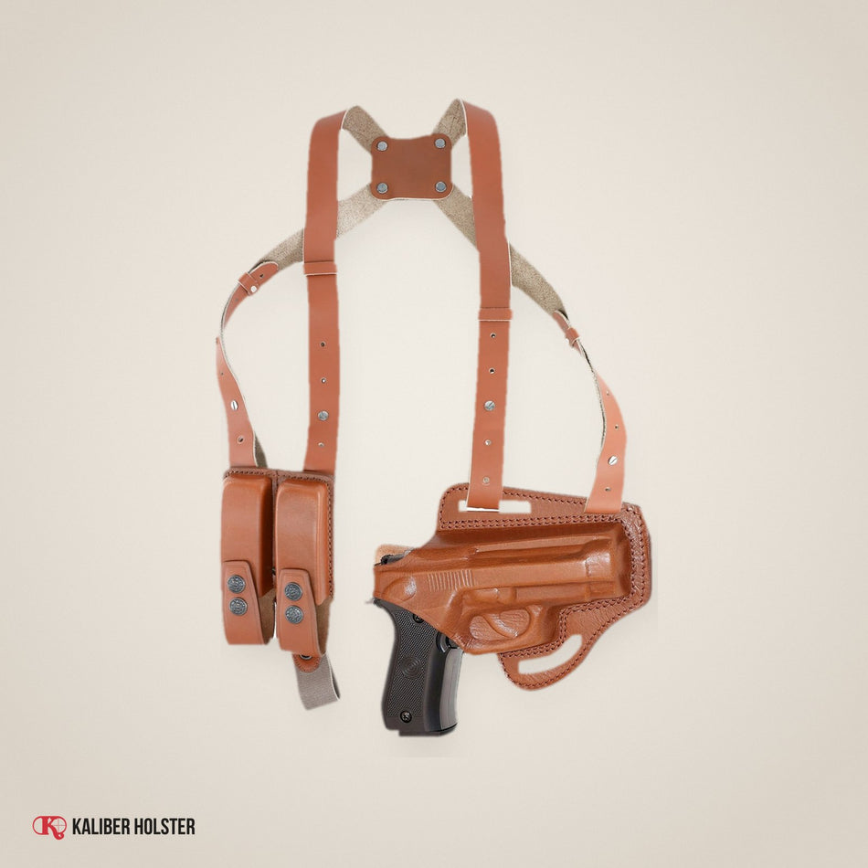 Horizontal Shoulder & Belt Holster with Double mag Pouch for Beretta 84F RH (KHS301) - handmade leather, Kaliber Holster
