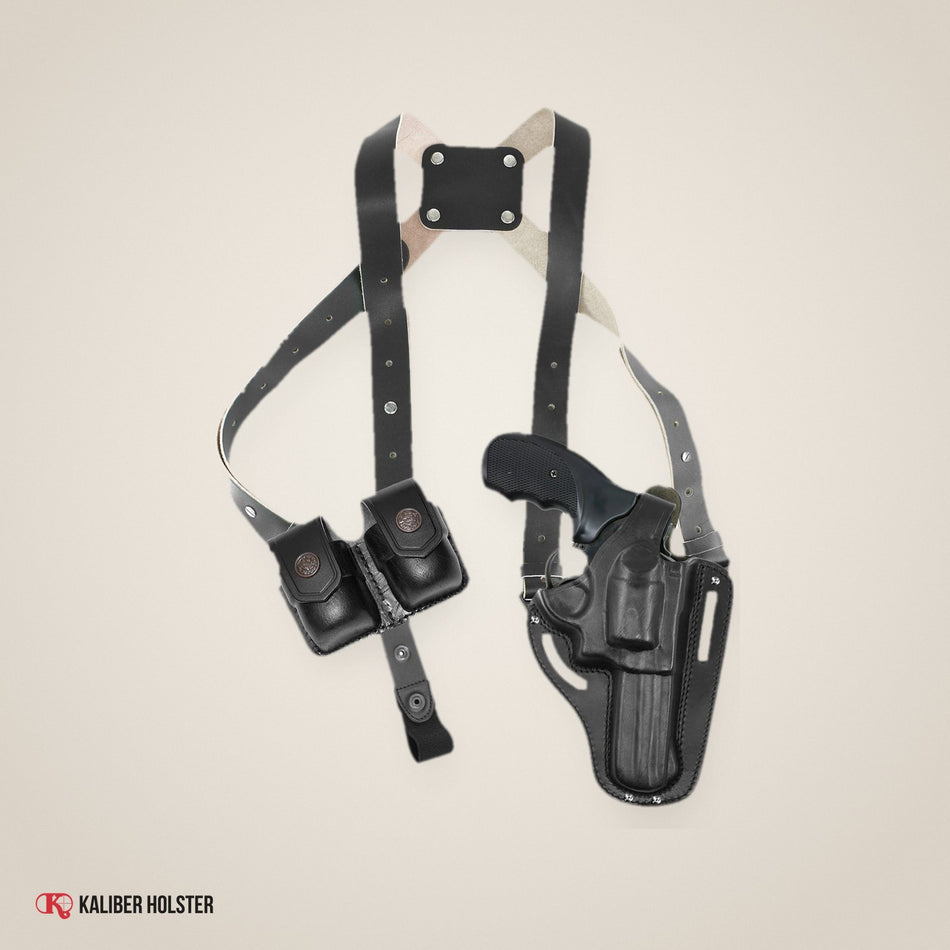 Kaliber Holster studio photo: Vertical Shoulder & Belt Holster with Double Speedloader, fits 357 Magnum Revolvers 4" (KHS305)