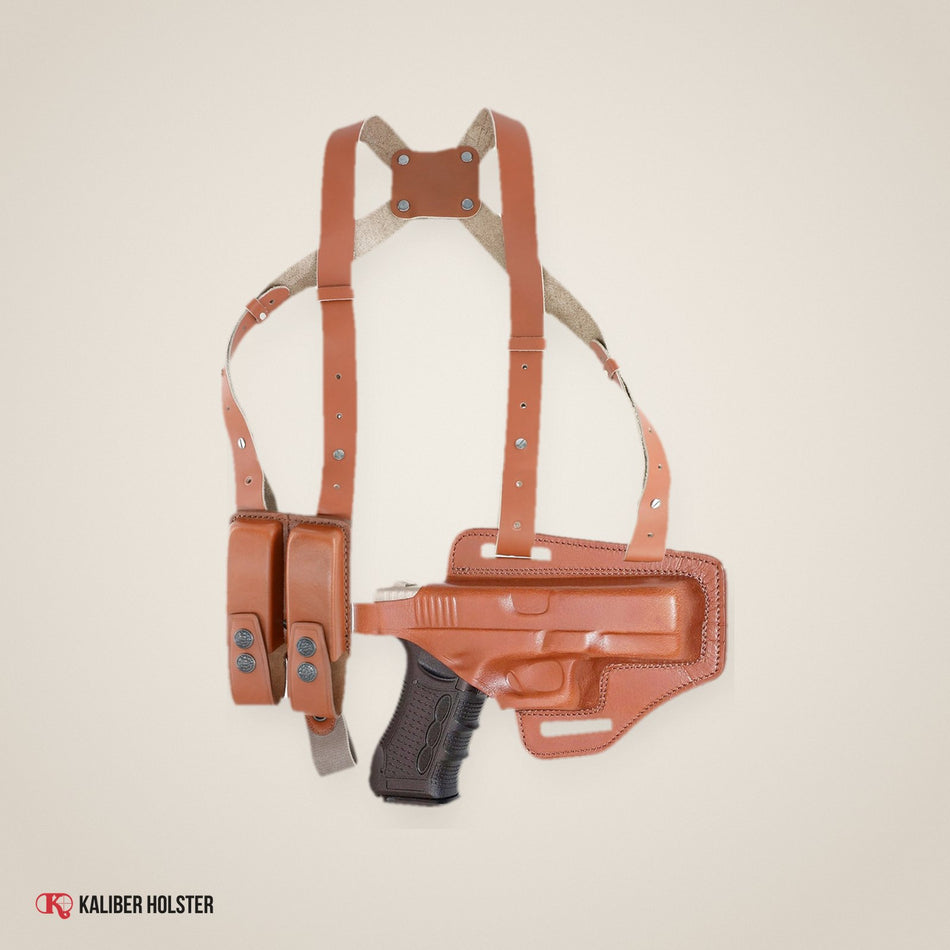 Kaliber Holster studio photo: Horizontal Shoulder & Belt Holster with Double Magazine Pouch RH Fits Glock 19 (KHS339)
