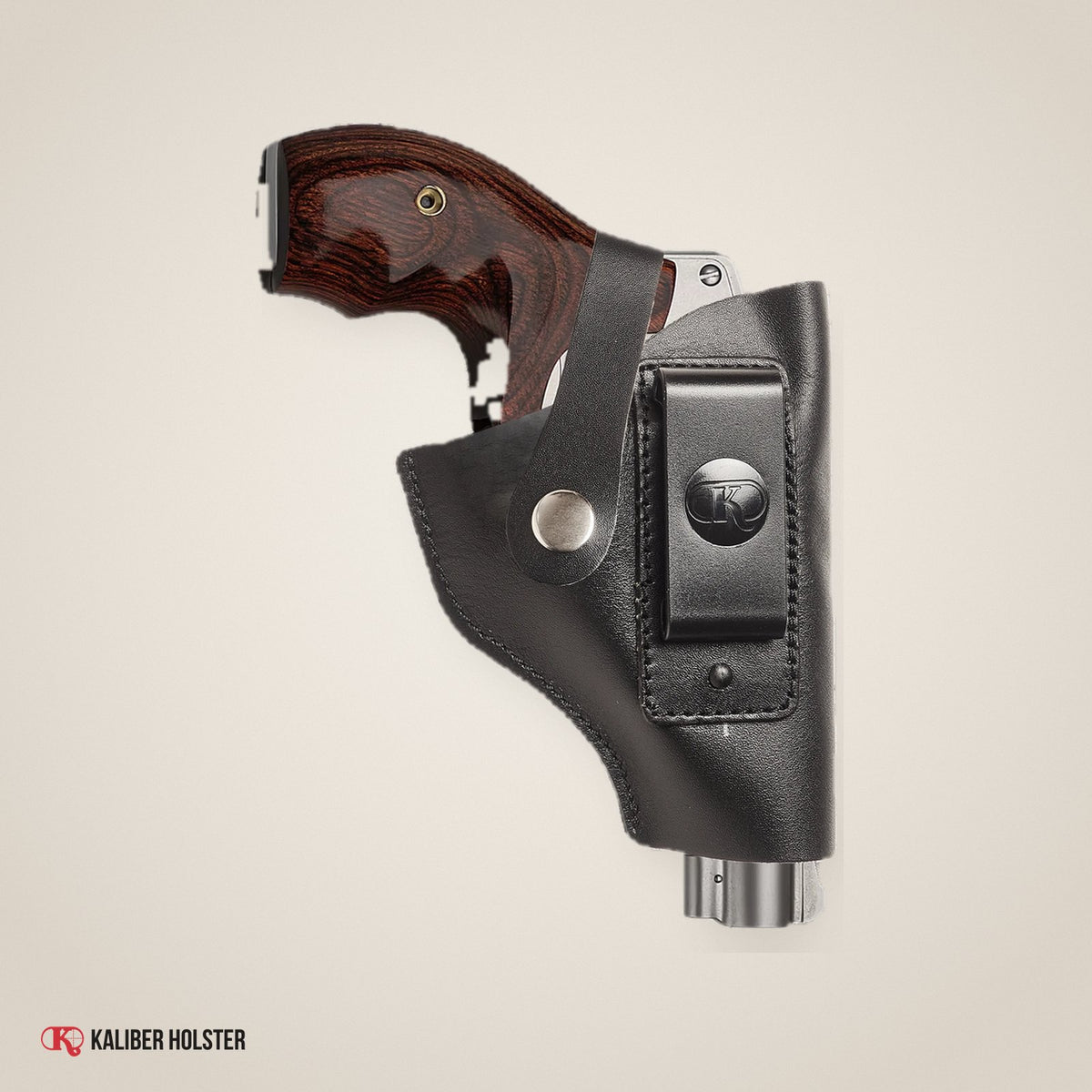 Kaliber Holster studio photo: S&W J Frame IWB Leather Holster with Belt Clip, fits 442 642 637 638 640 (KM146)