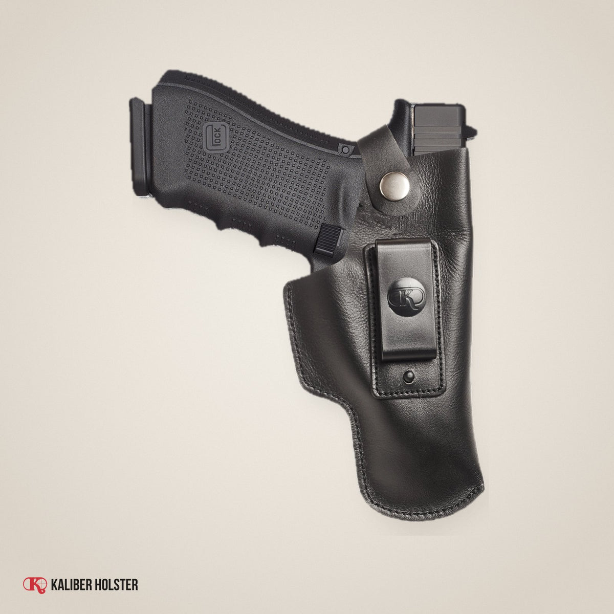 Kaliber Holster studio photo: Glock 19 IWB Leather Holster with Belt Clip, fits Glock 17 20 21 31 45 (KM150)