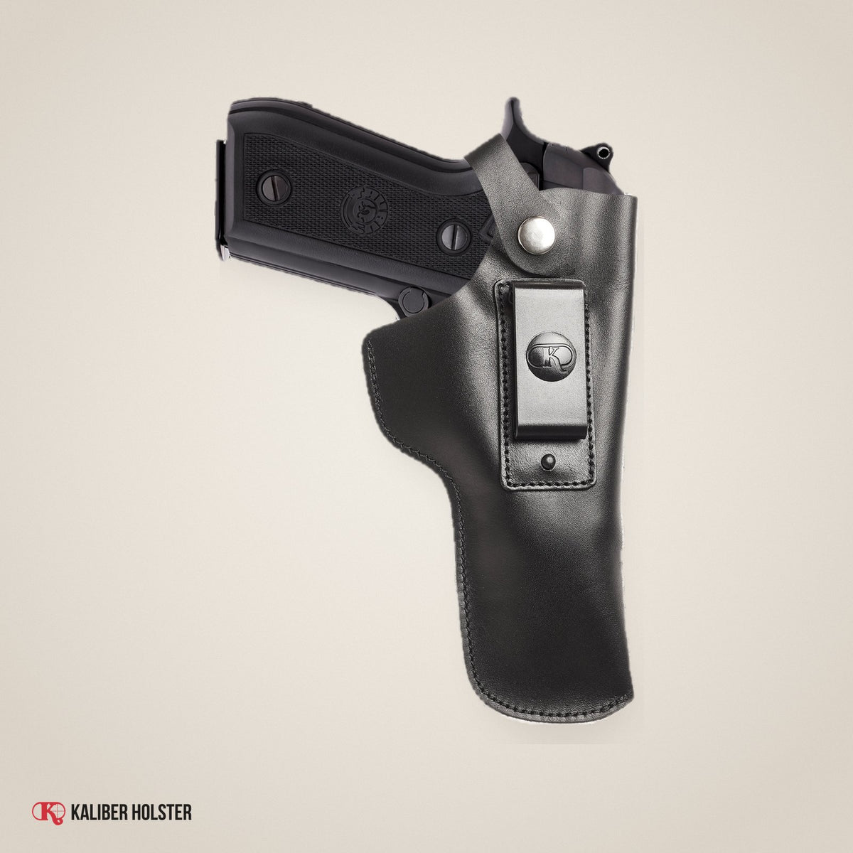 Kaliber Holster studio photo: Beretta 92F IWB Leather Holster with Belt Clip, fits 92 92S 92FS (KM151)