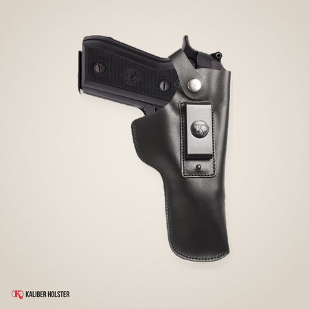 Kaliber Holster studio photo: Beretta 92F IWB Leather Holster with Belt Clip, fits 92 92S 92FS (KM151)