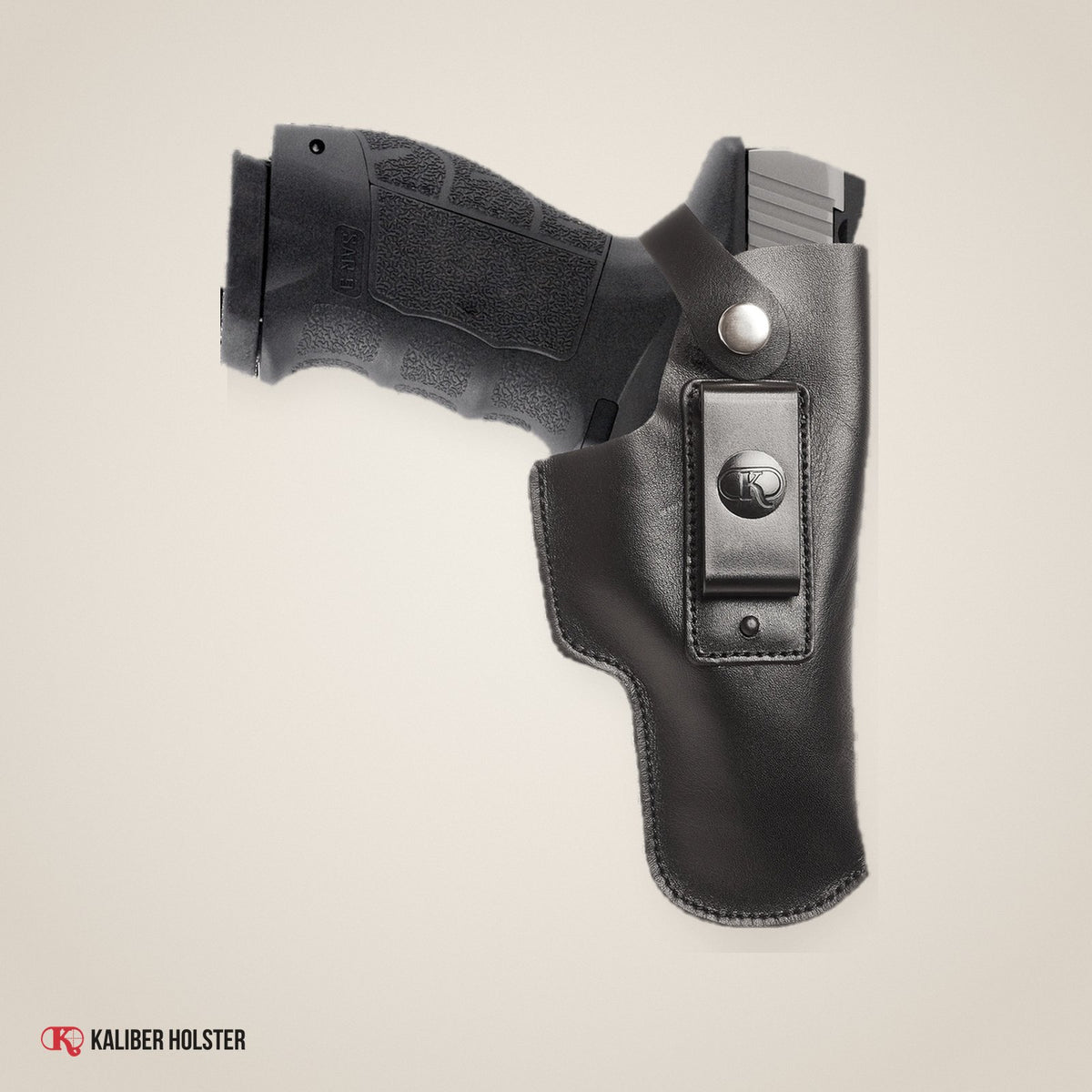 Kaliber Holster studio photo: Sarsilmaz Sar9 IWB Leather Holster with Belt Clip, fits S&W M&P 9mm .40 .45 (KM196)