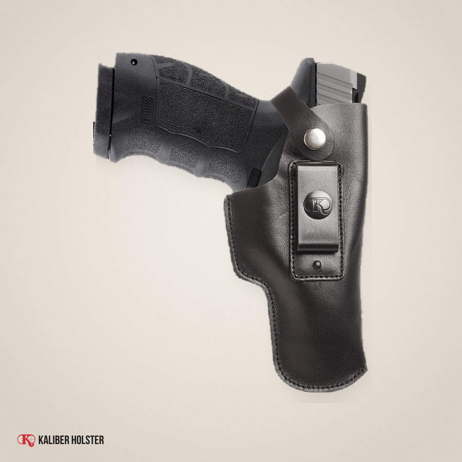 Kaliber Holster studio photo: Sarsilmaz Sar9 IWB Leather Holster with Belt Clip, fits S&W M&P 9mm .40 .45 (KM196)